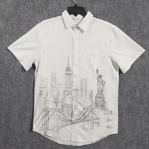 MAVRANS Shirt Mens Medium White New York City Skyline Print Stretch Button Up‎